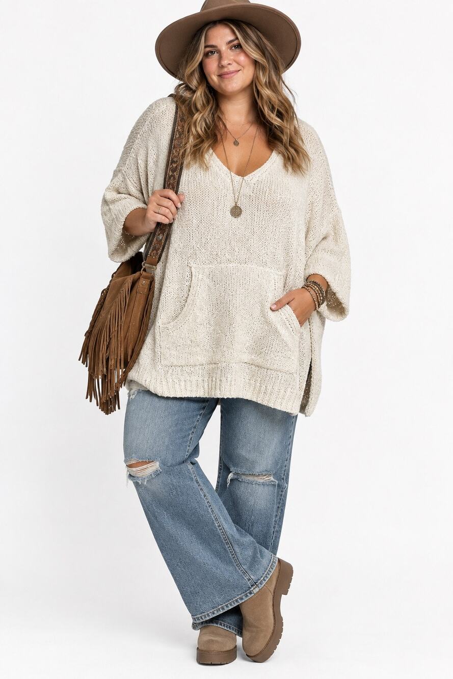 Easel Los Angeles 2X/3X Ivory Oversized Knit V Neck Tunic Sweater Boho Pocket